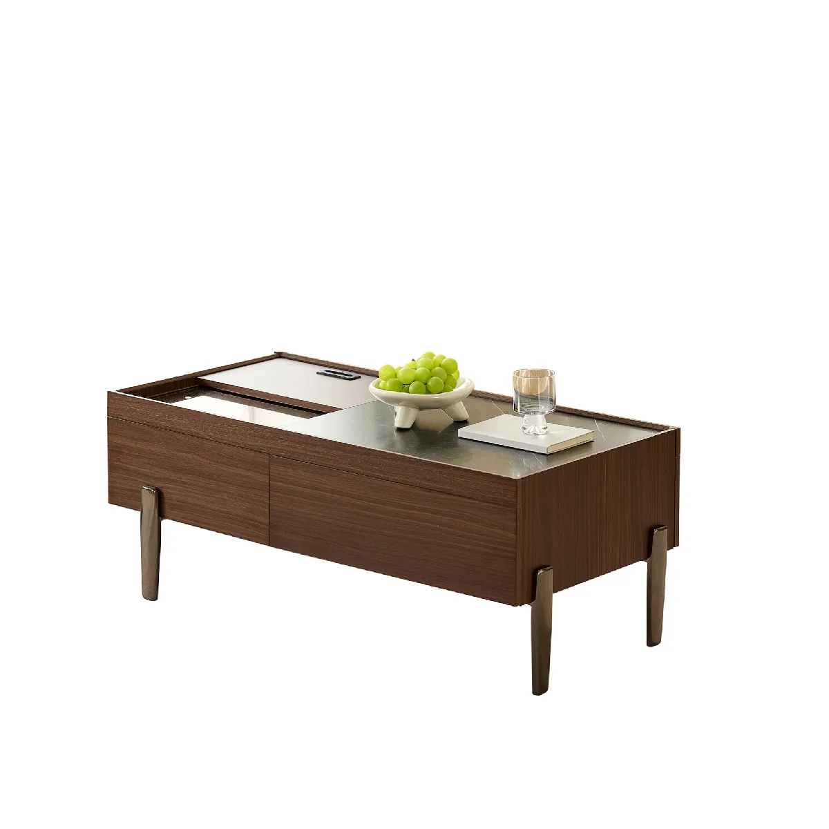 Table basse 105/50/41,5 cm marron et gris foncé en MDF et verre avec rangements