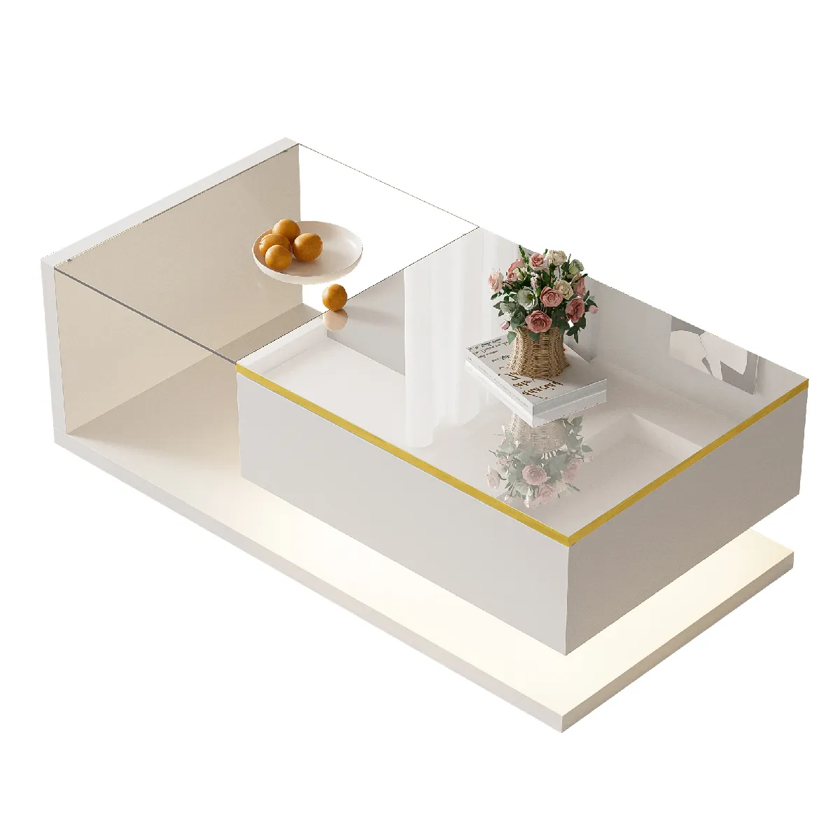 Table basse 100/50/32,5 cm blanche en panneaux de particules avec LED et verre