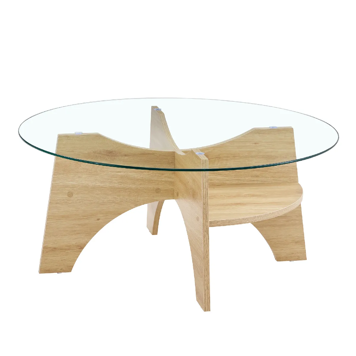 Table basse ronde 80/80/36 cm transparente en MDF aspect bois avec piètement éventail