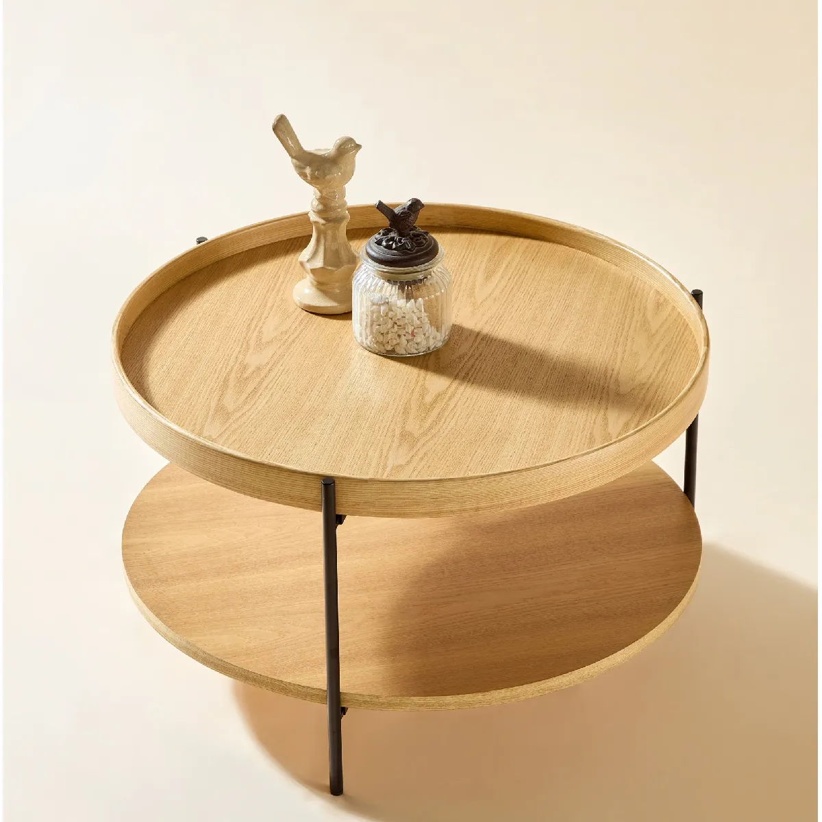Table basse 69/69/38 cm naturel en bois massif et MDF avec plateau à 2 niveaux