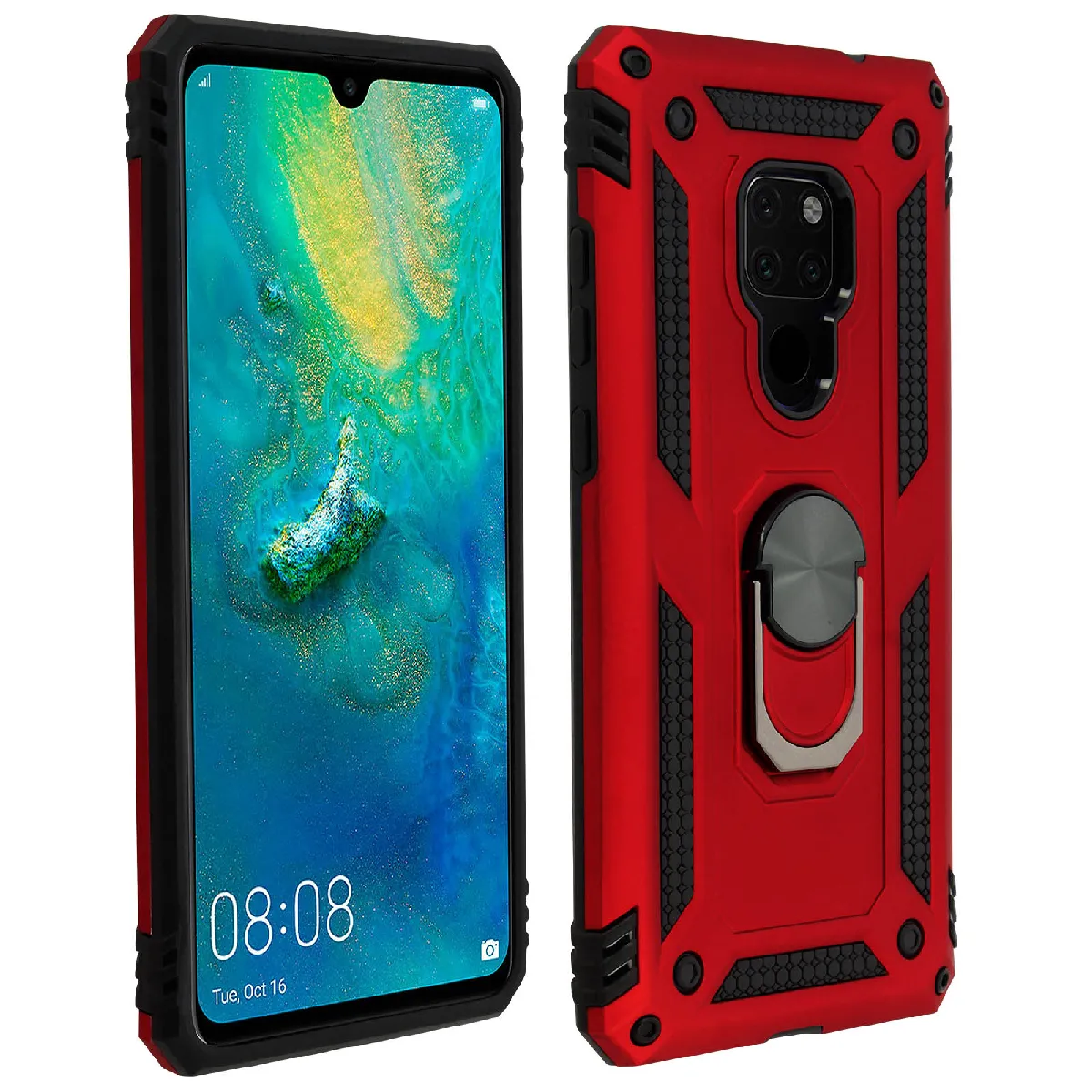 Avizar Rouge Coque Pour Huawei Mate 20 Bi Matière Rigide Souple Bague Support Vidéo