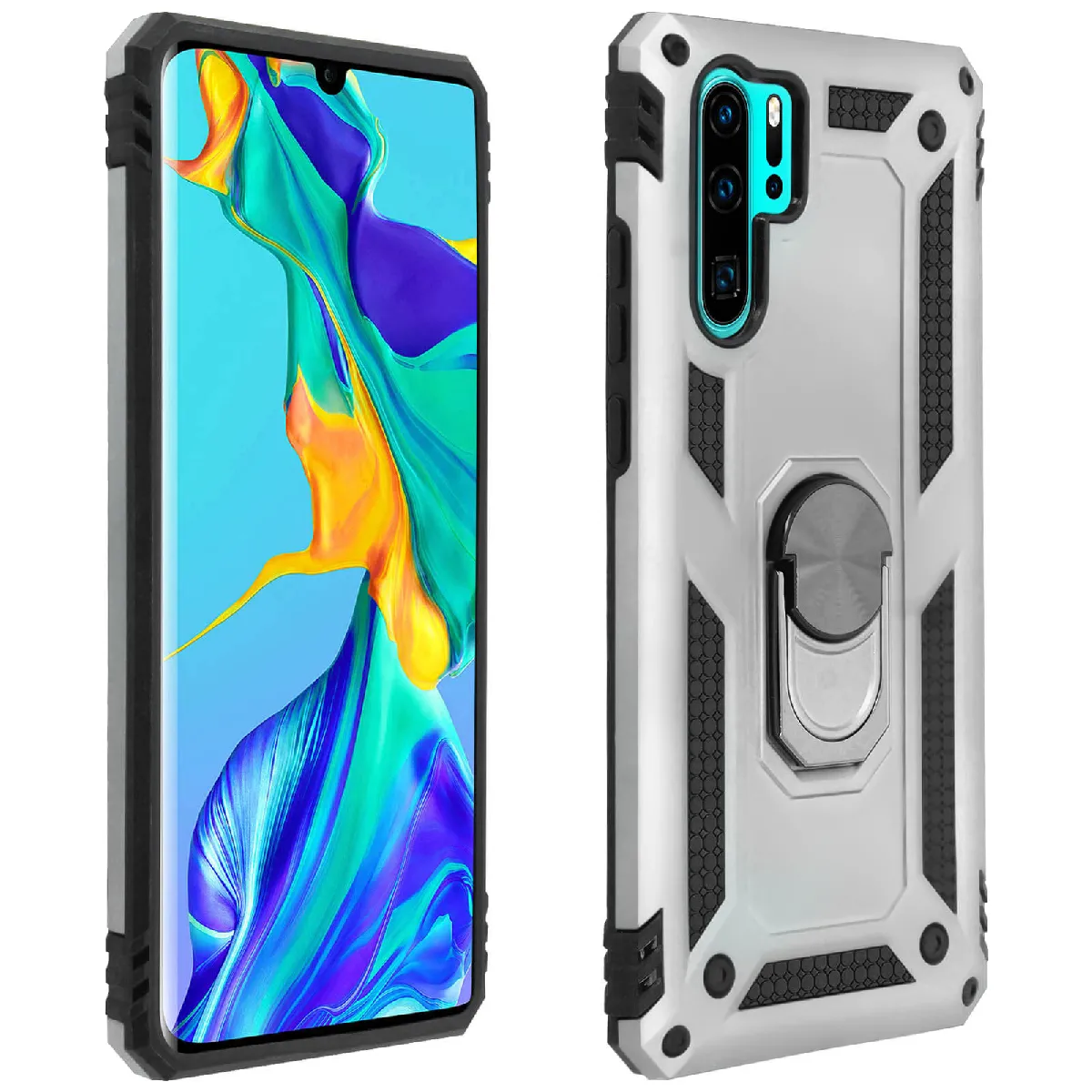 Avizar Argent Coque Pour Huawei P30 Pro Bi Matière Rigide Souple Bague Support Vidéo