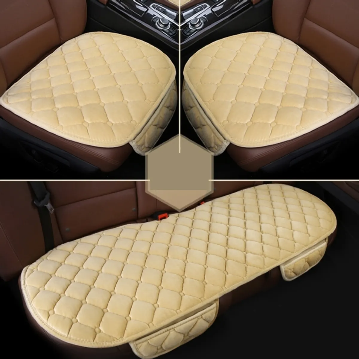 Meilleurs prix pour 3 PCS / Set Luxueux Chaud Coussin De Couverture De Siège De Voiture Universel Avant Couvre-sièges Arrières De Pad Anti-dérapant Pour Chaise Chaude Tapis De Sans Dos En Peluche Kaki