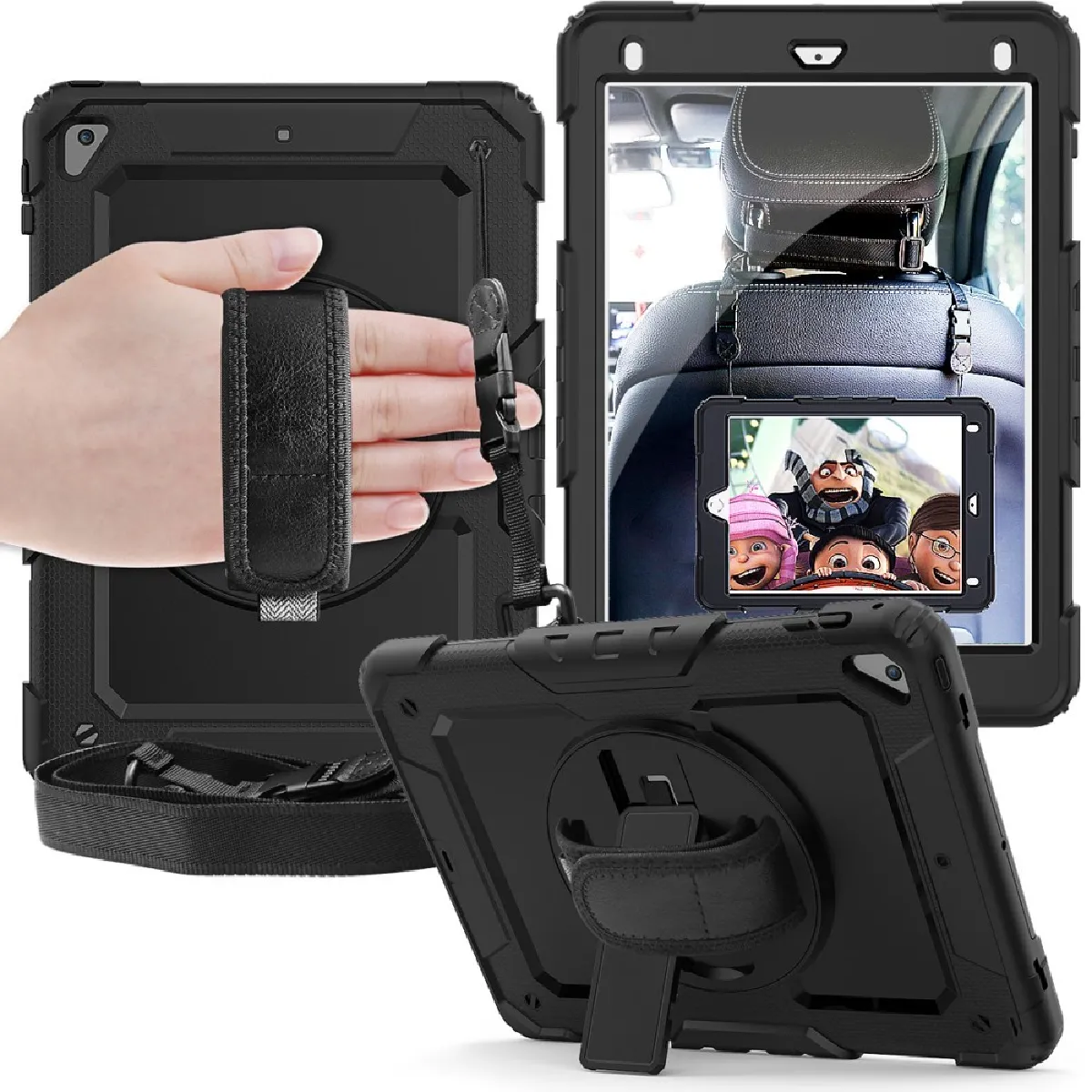 GENERIQUE - Coque de protection tablette - Apple iPad 9.7 pouces - Noir - Support 360° et sangle - Image 3