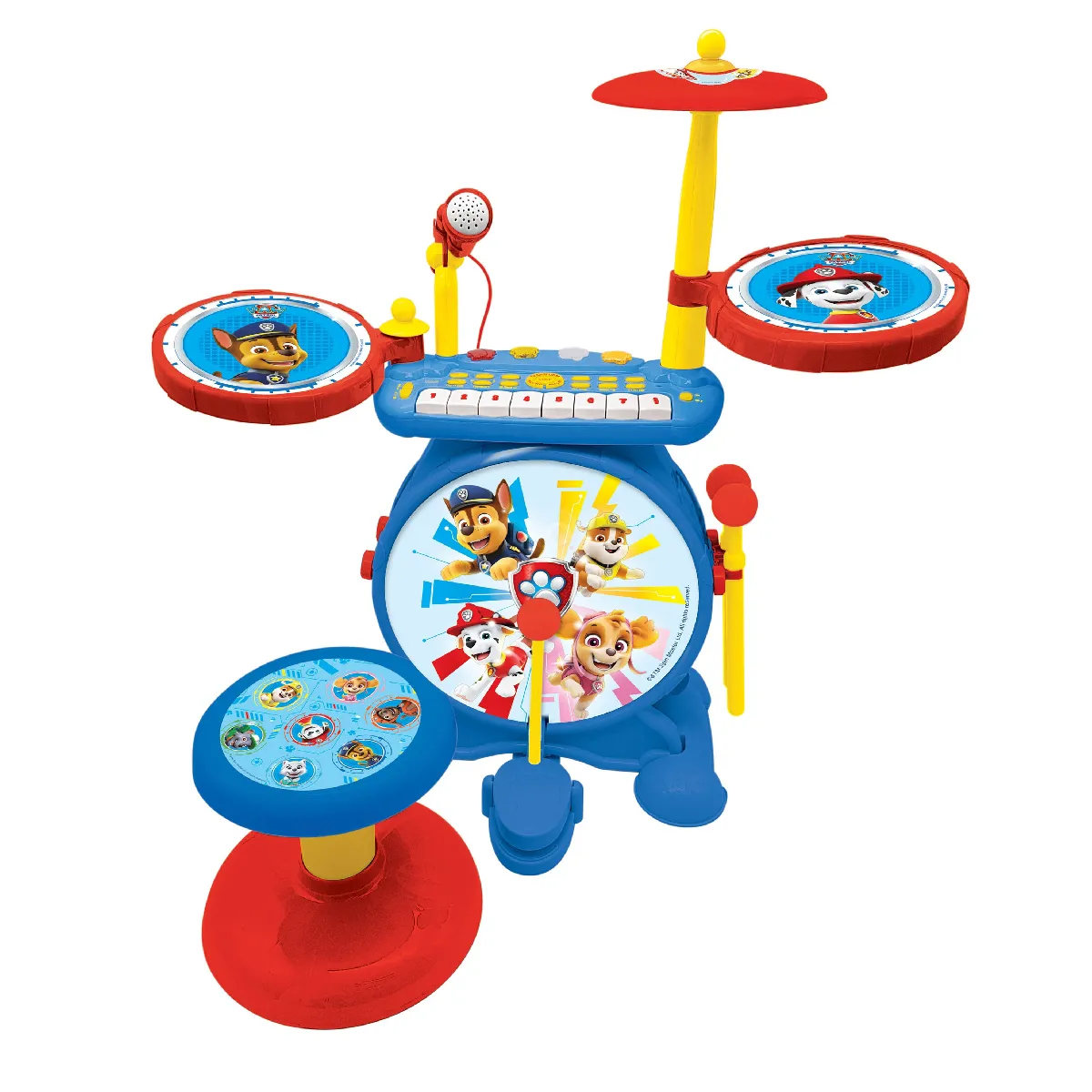 Pat' Patrouille Batterie Électronique pour enfant Lumineuse Complète 3 en 1 Clavier cymbales et tabouret LEXIBOOK