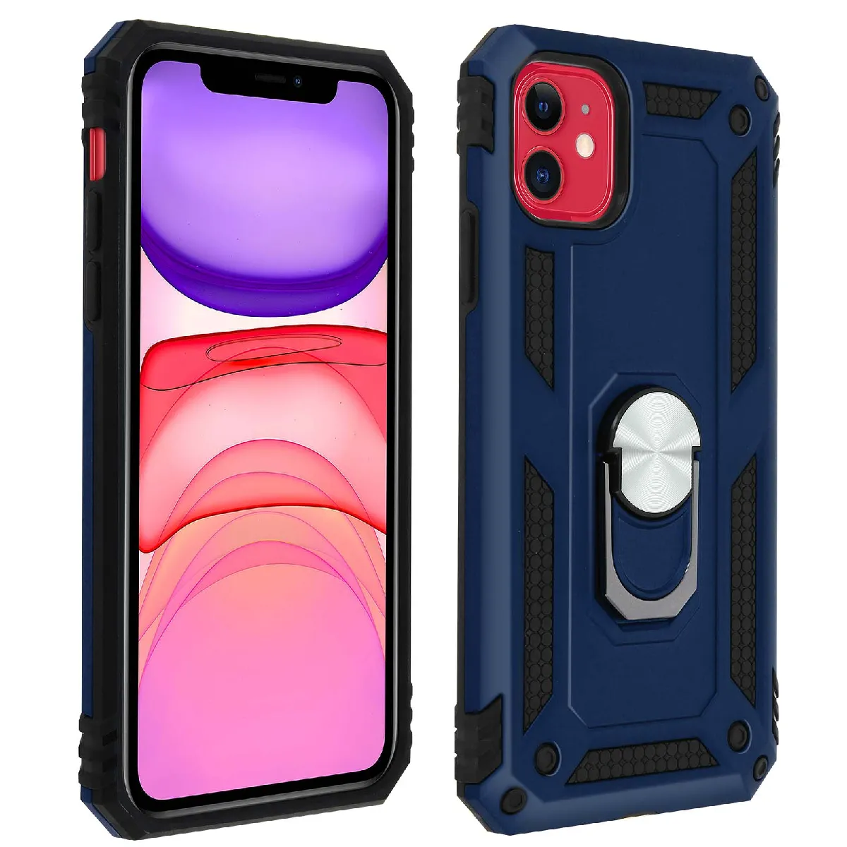 Avizar Bleu Coque Pour Iphone 11 Antichoc Bi-Matière Avec Bague Support Vidéo Nuit