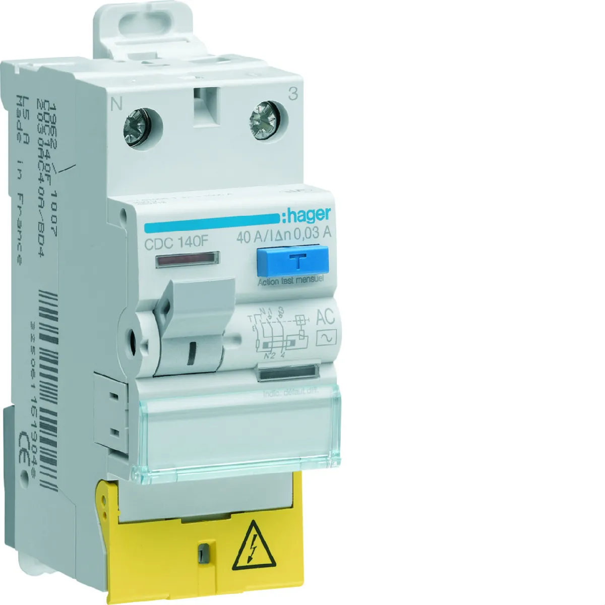 Hager Neutre Interrupteur Différentiel 1Pn 40A 30Ma Type Ac À Bornes Décalées - Image 3