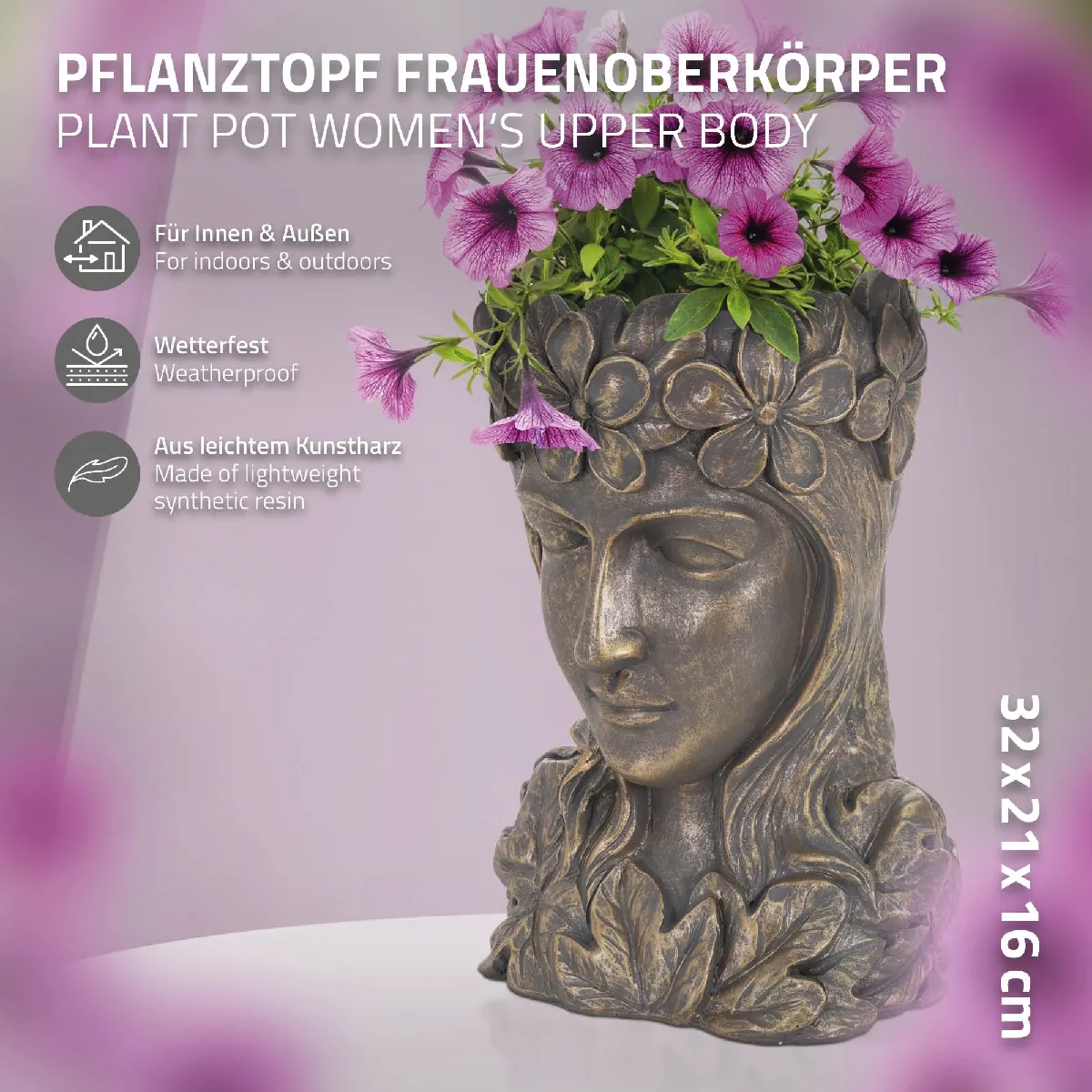 Pot De Fleurs Décoratif En Résine - Visage De Fille - Pour Intérieur/Extérieur, Bureau, Jardin - 13x14x13 Cm - 2