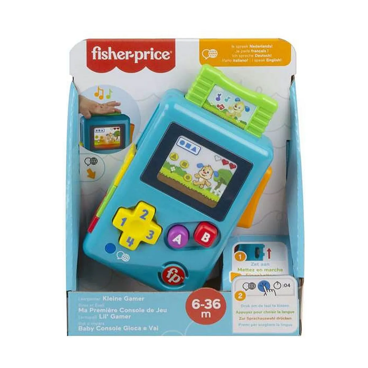 Fisher Price Jouet éducatif Ma Première Console de Jeu Rires et Éveil avec Musique et lumières pour Nouveau nés et bébés Version: Anglais UK Italien Portuguese Espagnol Castillan HHX12