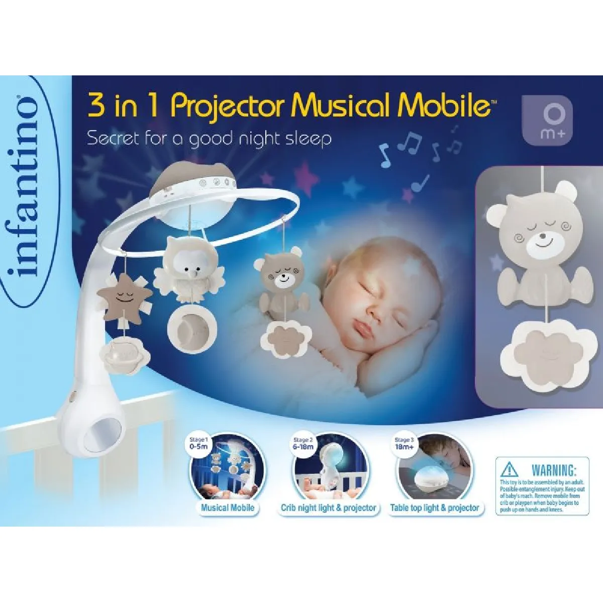 Infantino Gris Mobile Musical Et Projecteur - Douce Nuit 3-En1 - Image 2