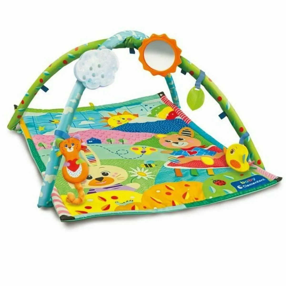 Clementoni Tapis Mes Premières Découvertes Nombreuses Activités Sensorielles Jouets Suspendus Tissu Doux et Plastique Souple 61x82 Cm pour Enfants Dès