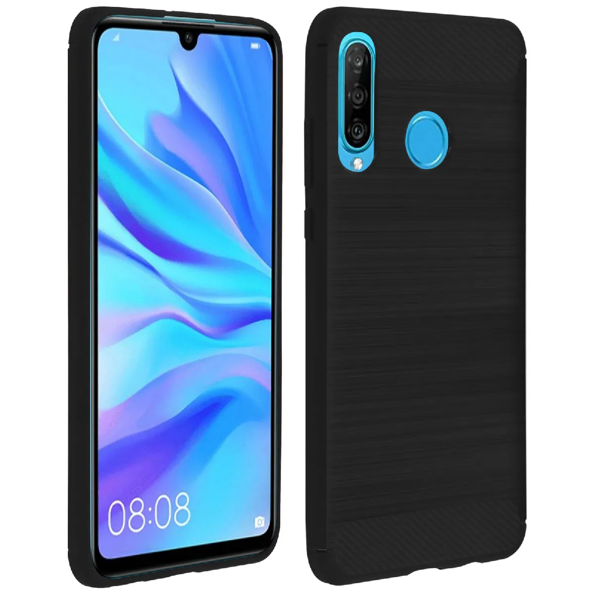 Avizar Noir Coque Pour Huawei P30 Lite Finition Carbone Effet Métal Brossé