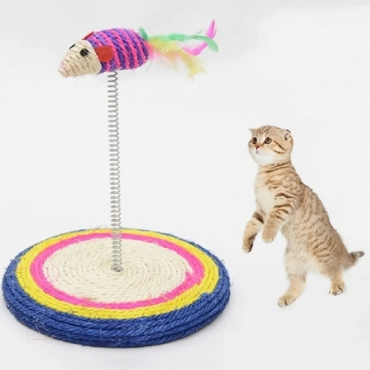 Comparer les prix de Jouet pour Animaux Coloré Chat Jouant Jouets Sisal Printemps Siège Cat Scratch Conseil Avec La Souris, Diamètre: 19cm