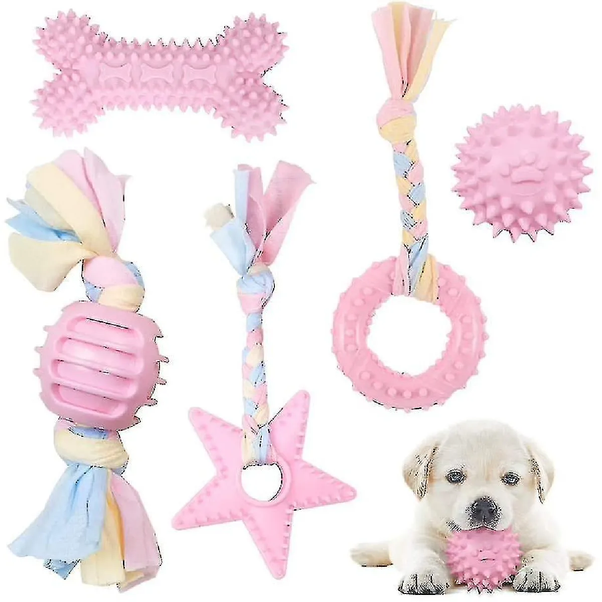 Meilleurs prix pour Corde De Jouet Pour Chien Avec Balle, 5 Jouets Pour Chiots Pour Chiens Soins Dentaires, Ensemble De jouets à Mâcher Pour Chiens De Petite/moyenne Taille, Os Pour Jouets Pour Chiens Indestructibles-rose S
