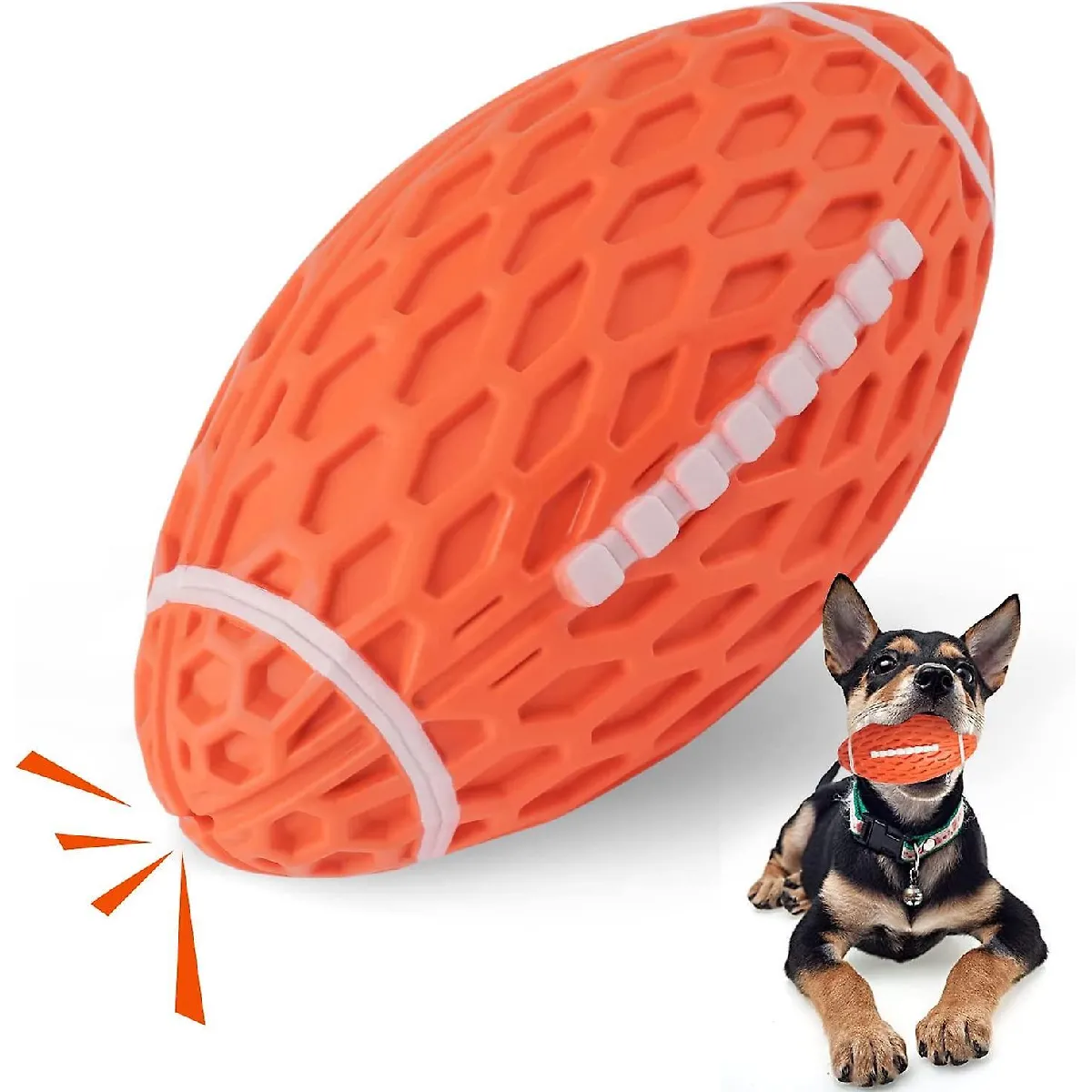 Comparer les prix de Dog Chew Squeaky Toy Ball, Jouet interactif pour chien pour mâcheurs agressifs, Jouets pour chiens durables Forme de rugby pour chiens, Balle à mâcher en caoutchouc avec grincement, Se débrouille