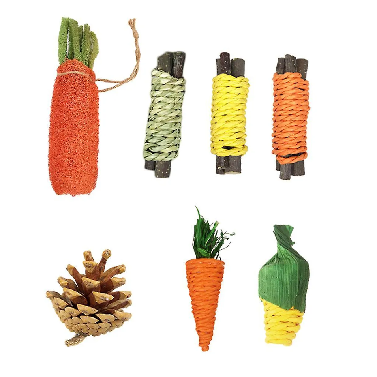 Comparer les prix de Jouet à ronger pour lapin, 7 pièces, en gazon naturel, Jouets à ronger pour les dents des petits animaux