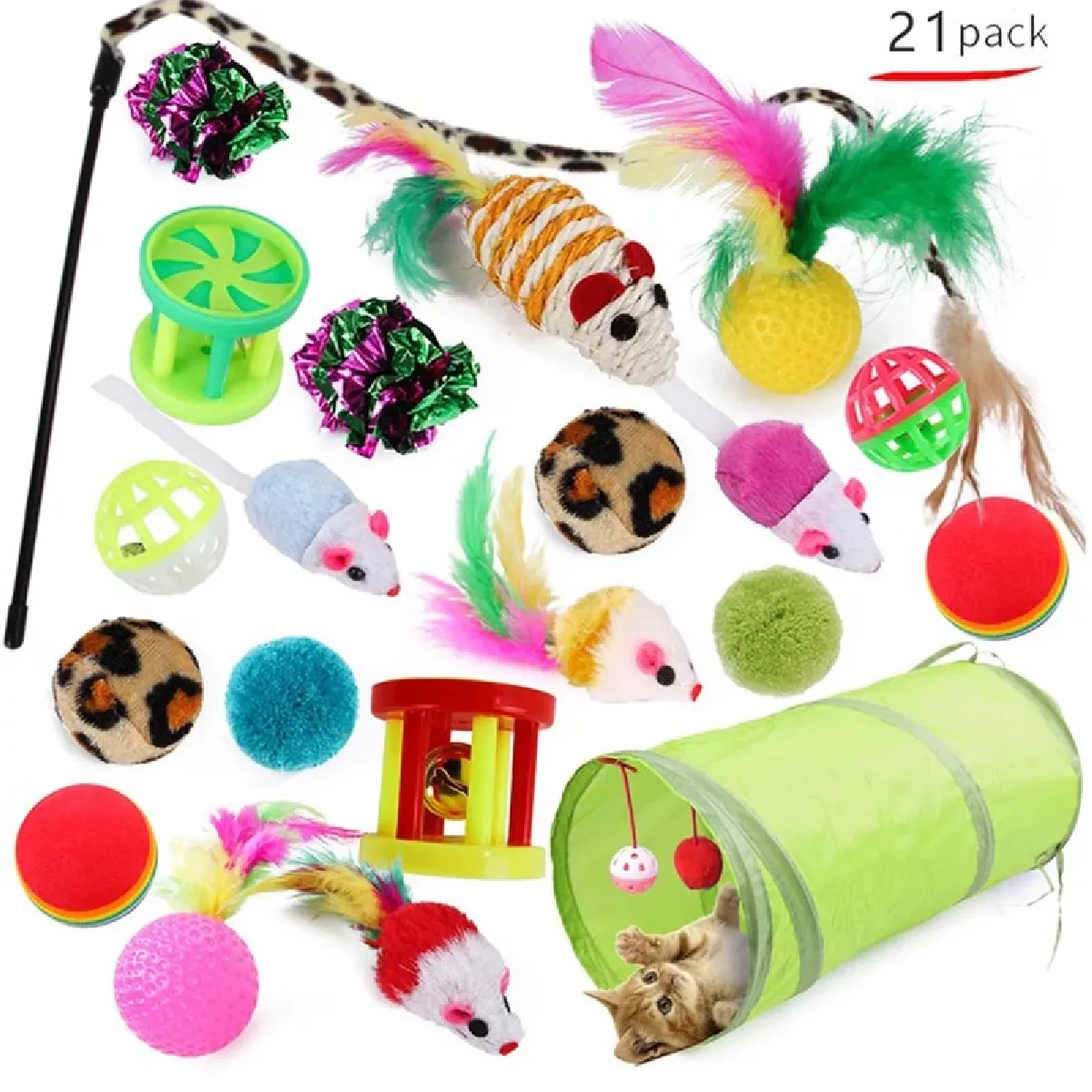 21 jouets pour chats, thé, plumes colorées, bâtons et cloches, souris, cages, boules, jeux de tunnels, chatons interactifs, jouets pour chats.