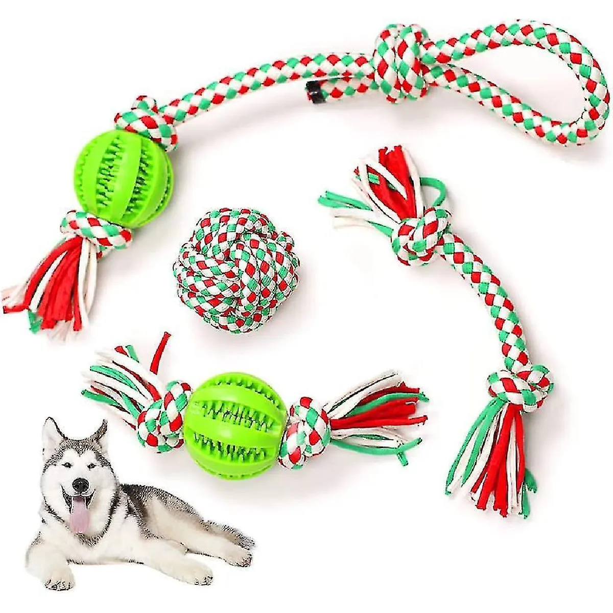 Meilleurs prix pour Jouet de corde pour chien, 5 pièces, jouet interactif pour chien, corde à mâcher avec balle indestructible, corde à tirer pour les chiens de grande et moyenne taille, jouet à mâcher agressif.
