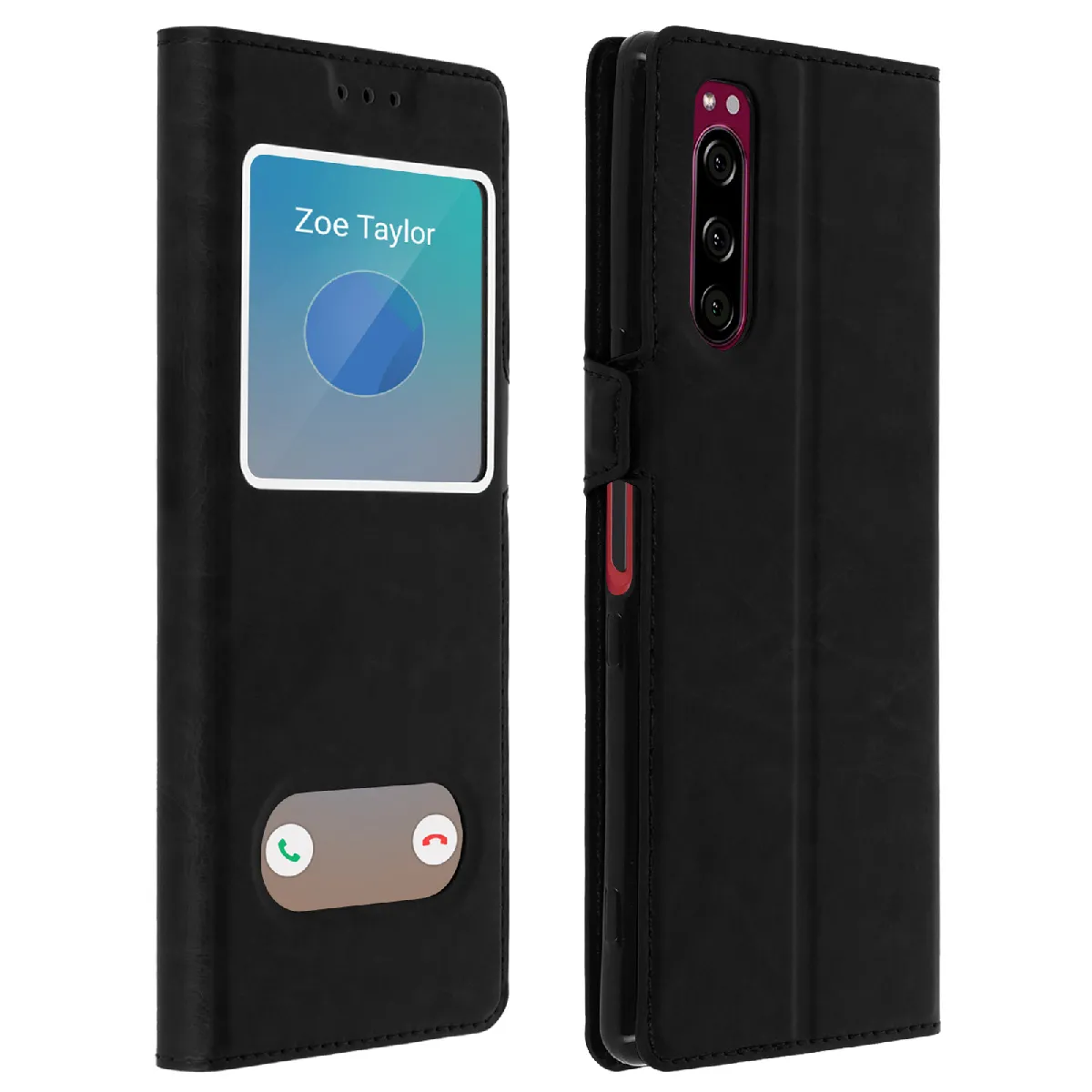 Avizar Noir Housse Pour Sony Xperia 5 Protection Double Fenêtre Fonction Support
