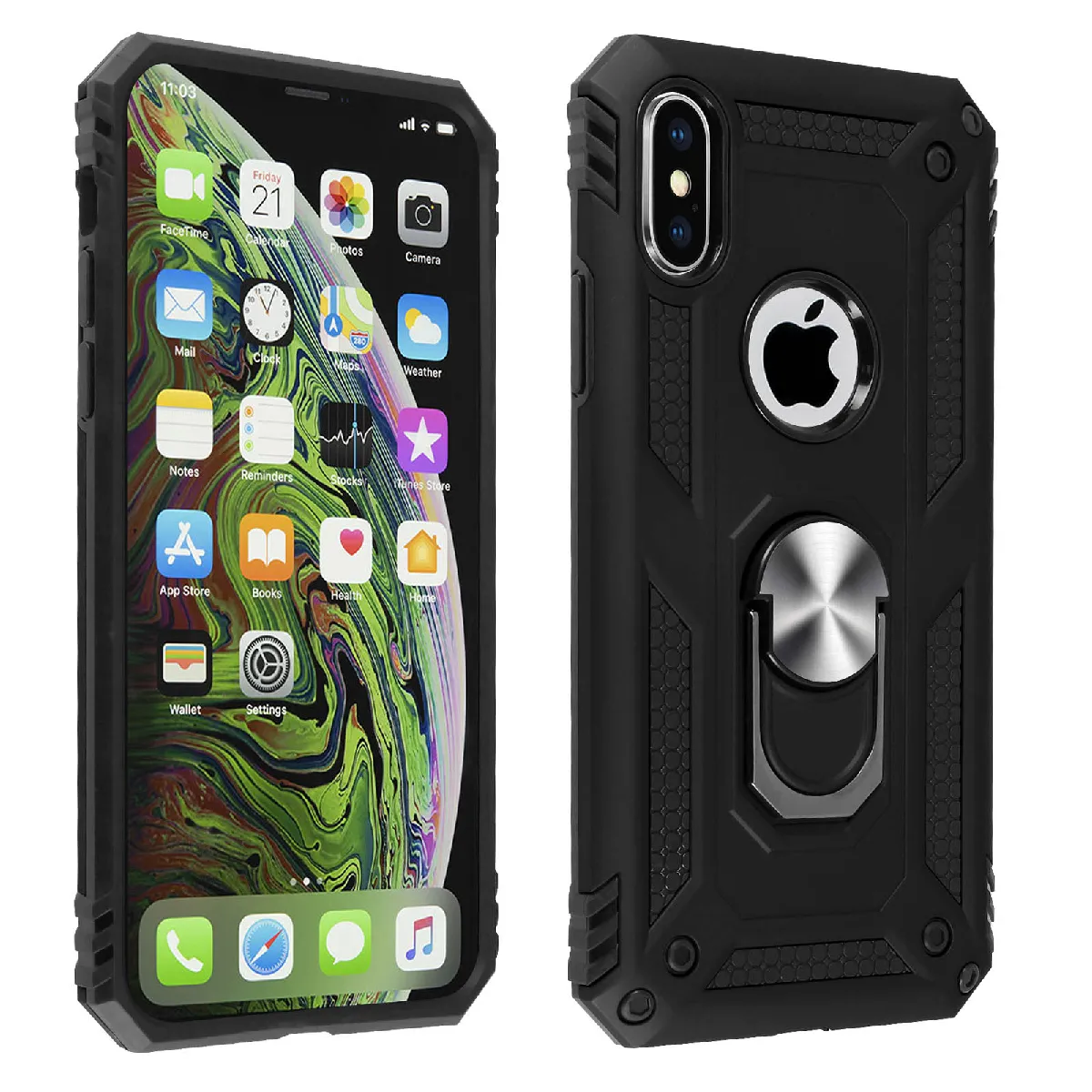 Avizar Noir Coque Pour Iphone Xs Max Bi Matière Rigide Et Souple Bague Support Vidéo