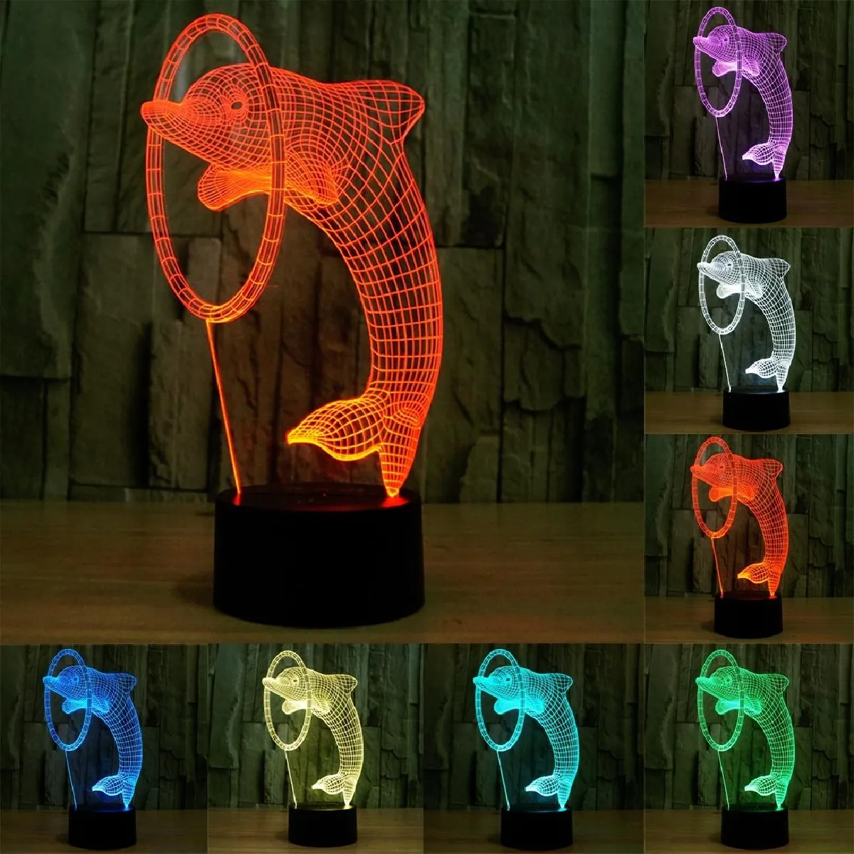 Yonis Lampe décorative 3D Saut de Dauphin - 7 couleurs - Noir