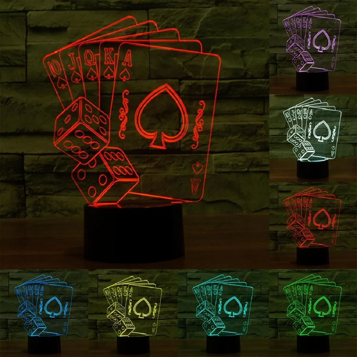 Yonis Lampe 3D à motif cartes à jouer - 7 couleurs - Noir