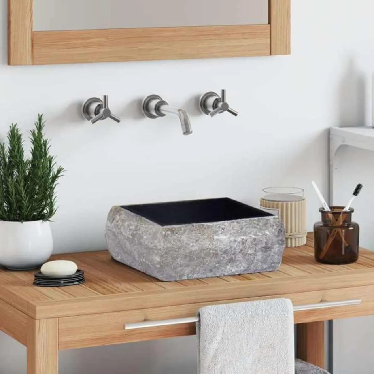Vidaxl Lavabo en marbre crème 30x30x13 cm - Carré - A encastrer - Beige - Granit