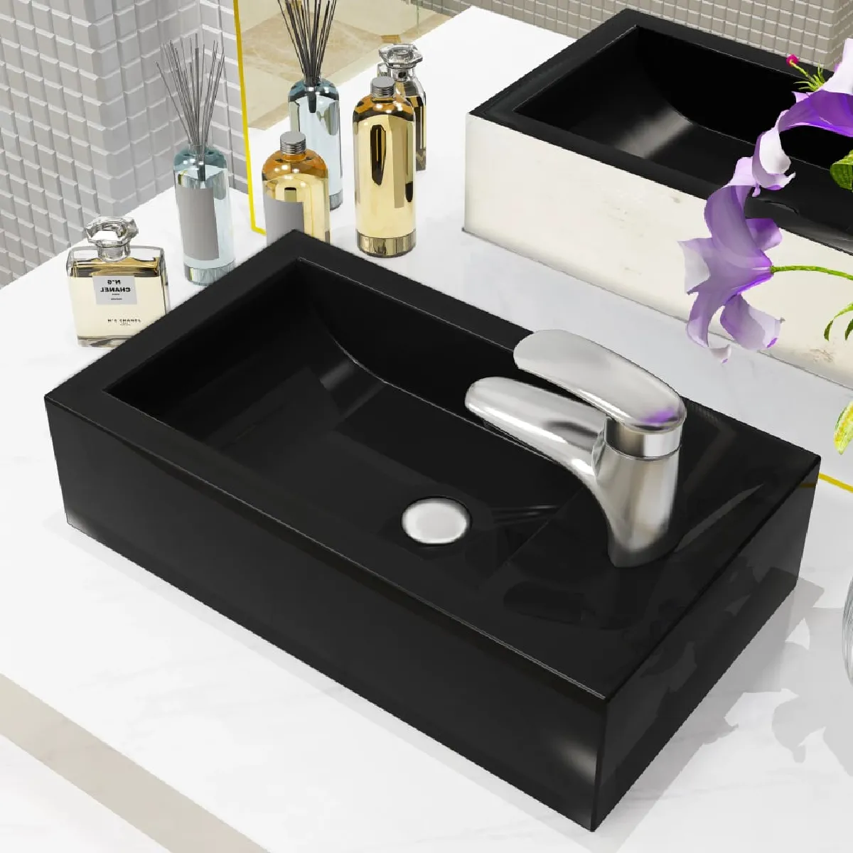 Vidaxl Vasque - Céramique Noir - 46 x 255 x 12 cm - Trou de robinet - Montage facile