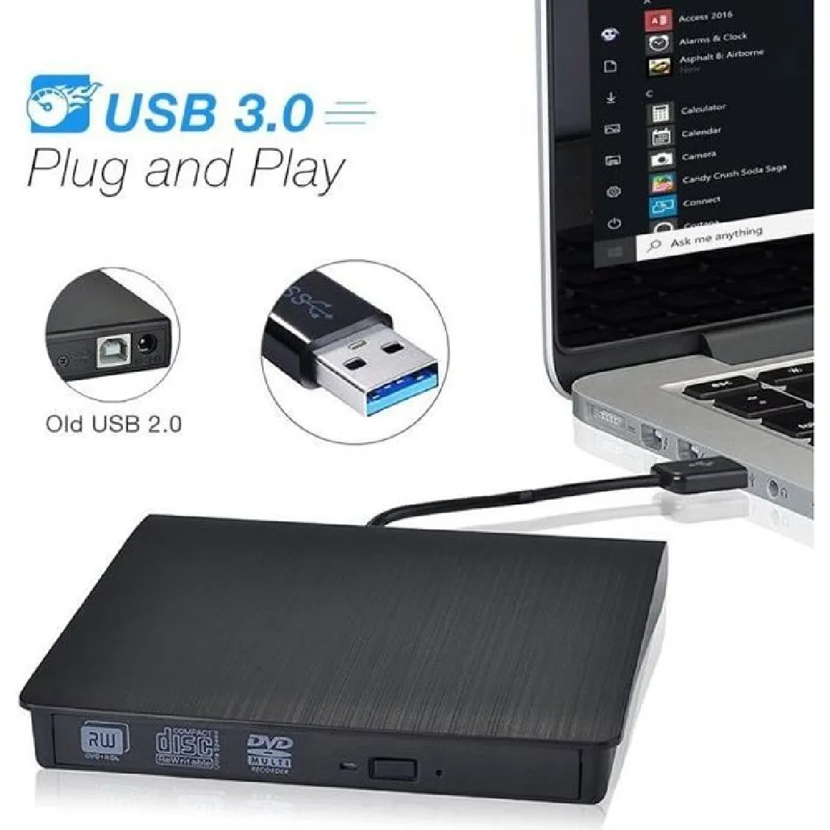 GENERIQUE Graveur DVD Externe - CODREAM - Ultra Slim - USB 3.0 - Compatible Mac OS Windows Linux - Noir 