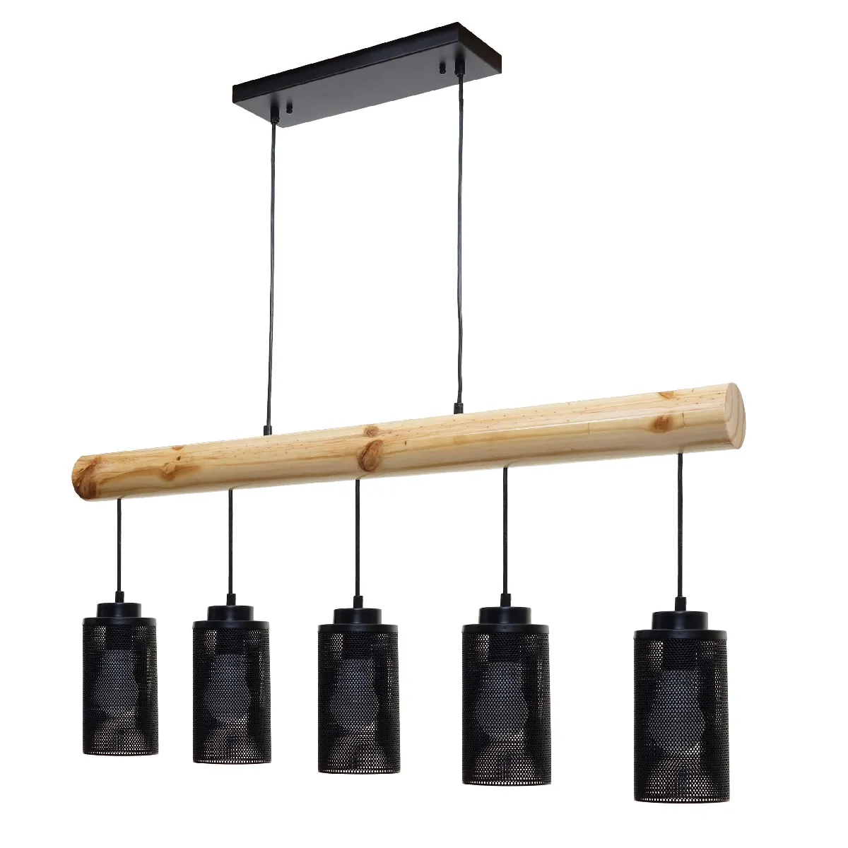Decoshop26 Suspension vintage 5 abat-jour - Noir et bois Decoshop26 Suspension vintage 5 abat-jour - Noir et bois