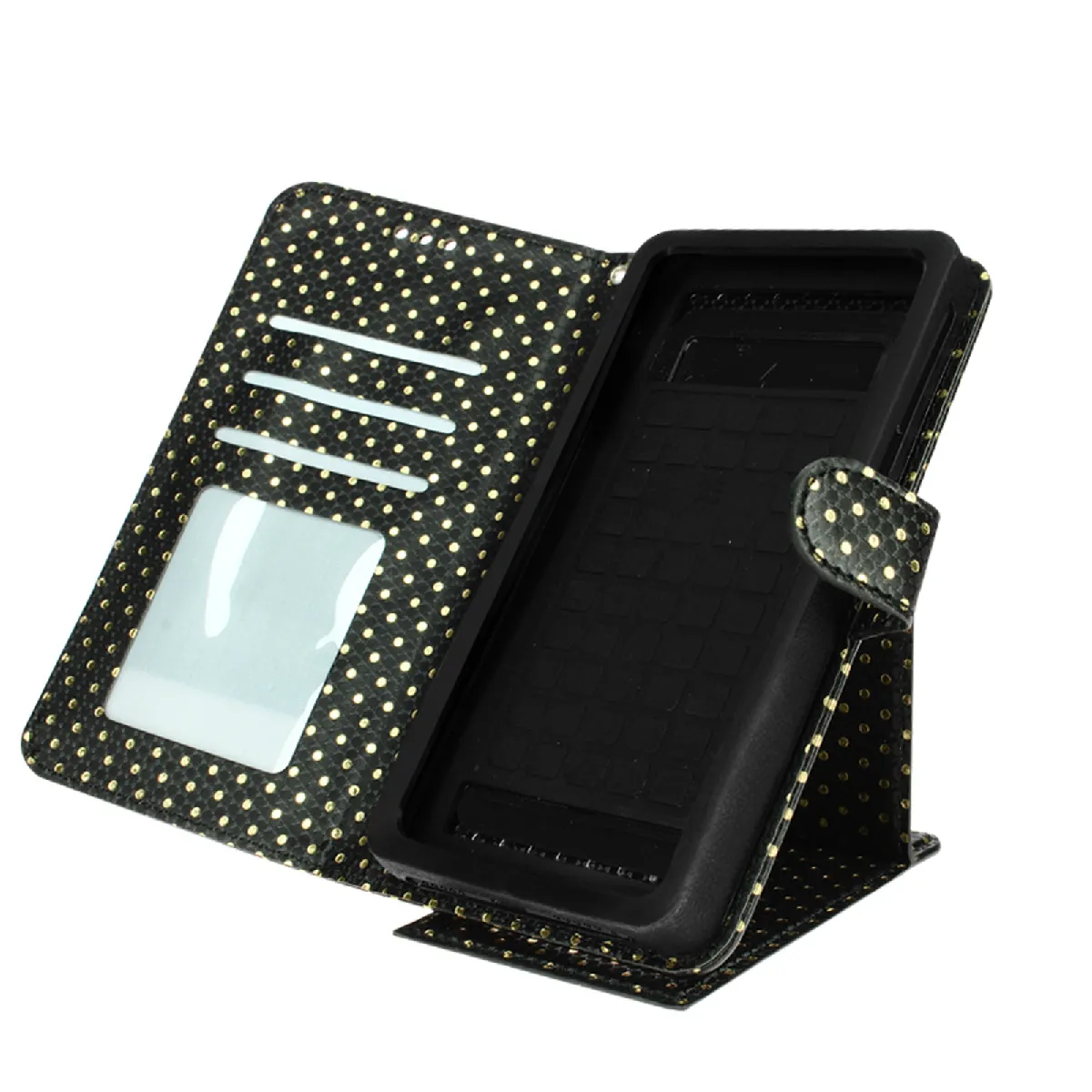 Avizar Noir Étui À Pois Pour Smartphone 5,3 À 5,5 Clapet Portefeuille Support Et Miroir