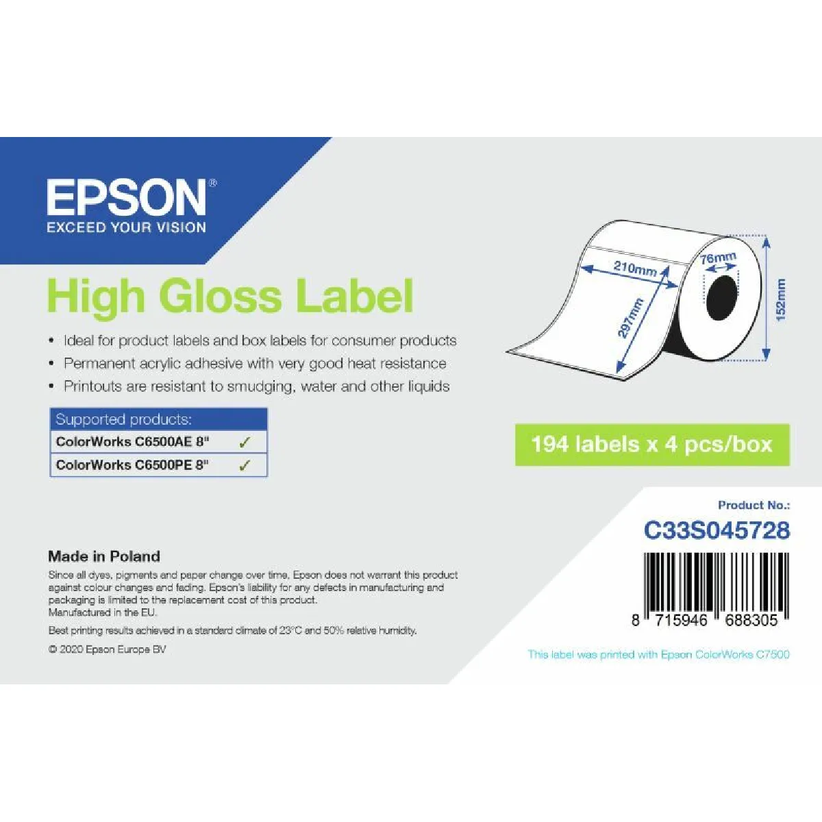 Epson High Gloss Label Die Cut Roll 210mmx297mm - vue 1