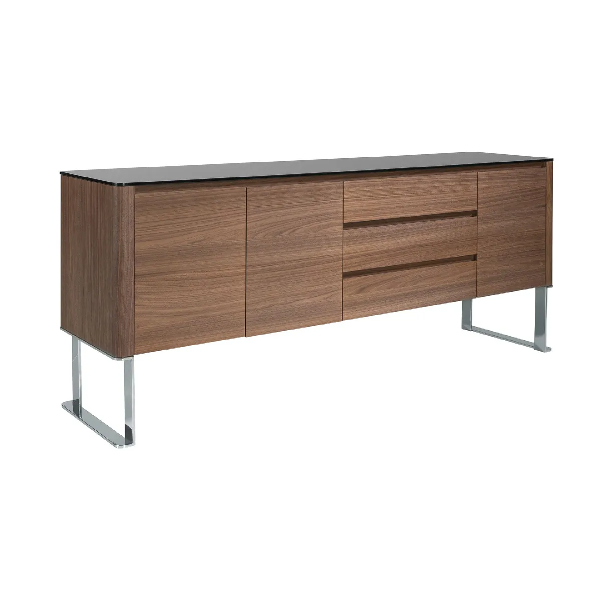 Buffet noyer, acier chromé et plateau en verre noir