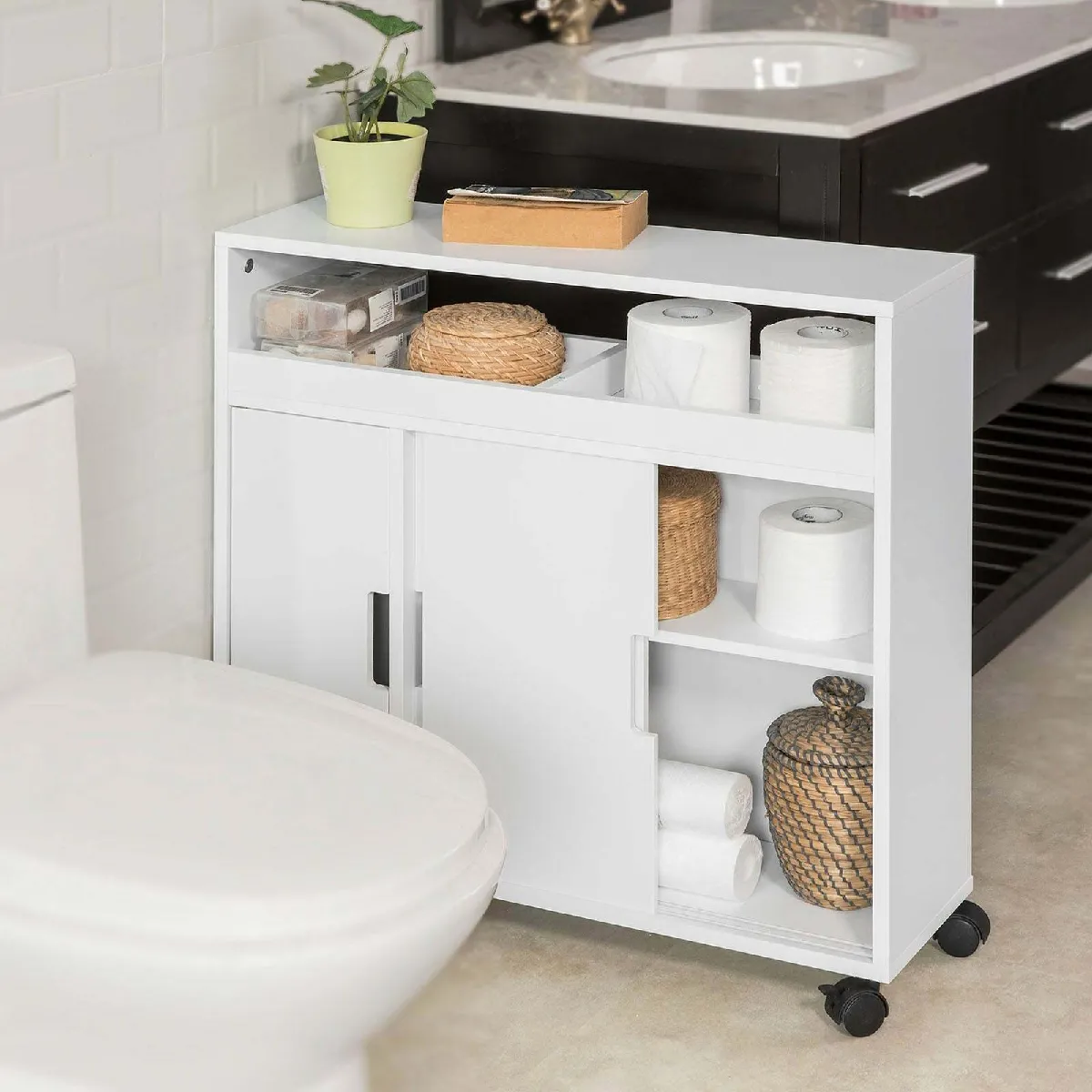 Meuble WC étroit 17 Cm SoBuy - Portes Coulissantes, Roulettes - Dimensions 52x17x69 Cm - Rangement Salle De Bain