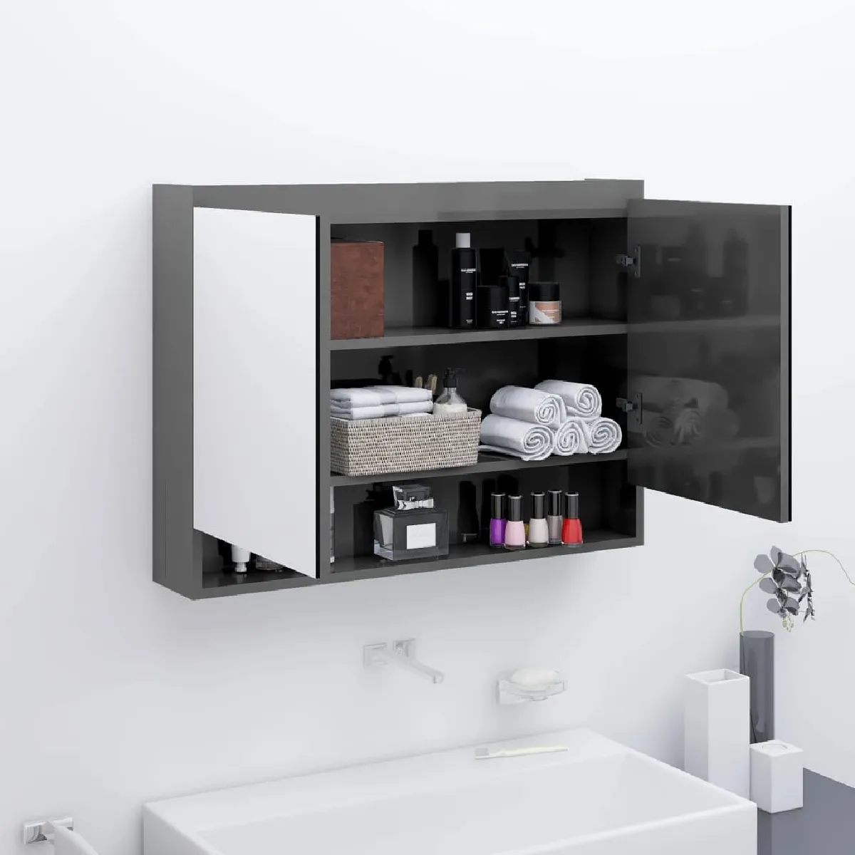vidaXL Armoire Miroir Gris Brillant