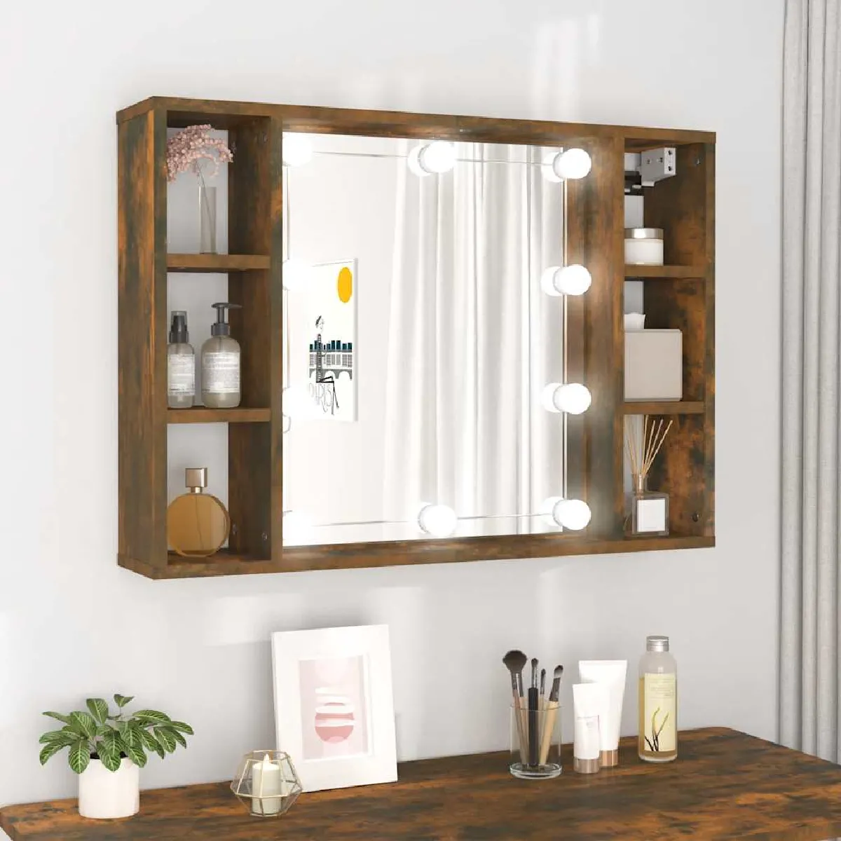 vidaXL Armoire à miroir LED chêne fumé