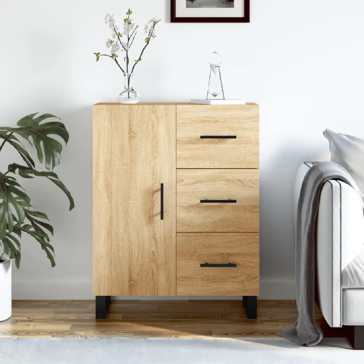 Non Communiqué Marron Vidaxl Buffet, Armoire Avec 2 Compartiments Et 3 Tiroirs, Meuble De Rangement Avec Pieds, Organisateur De Salon, Moderne, Chêne Sonoma Bois D'ingénierie 827943 - Image 3