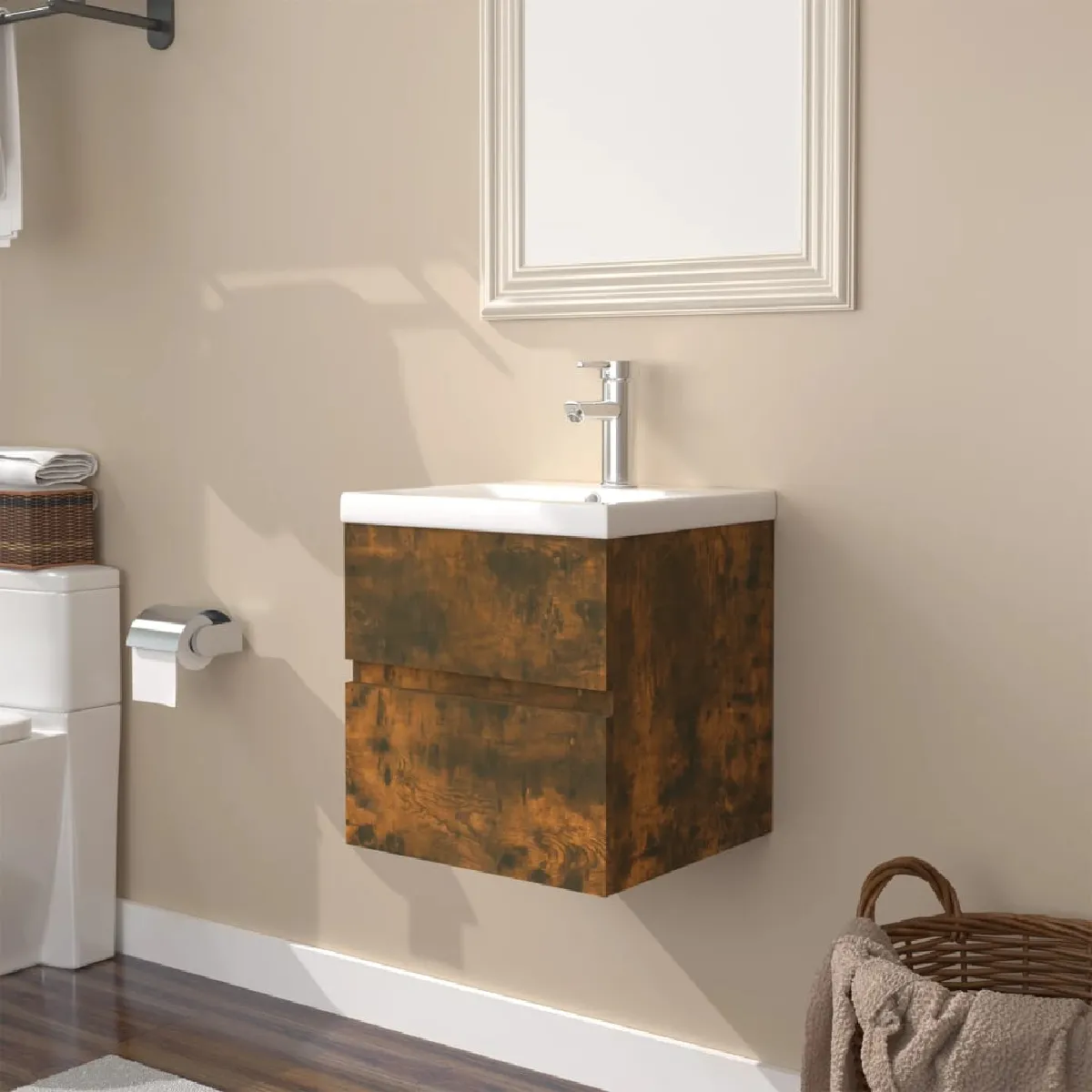 vidaXL Meuble lavabo avec bassin intégré Chêne fumé - vue 1
