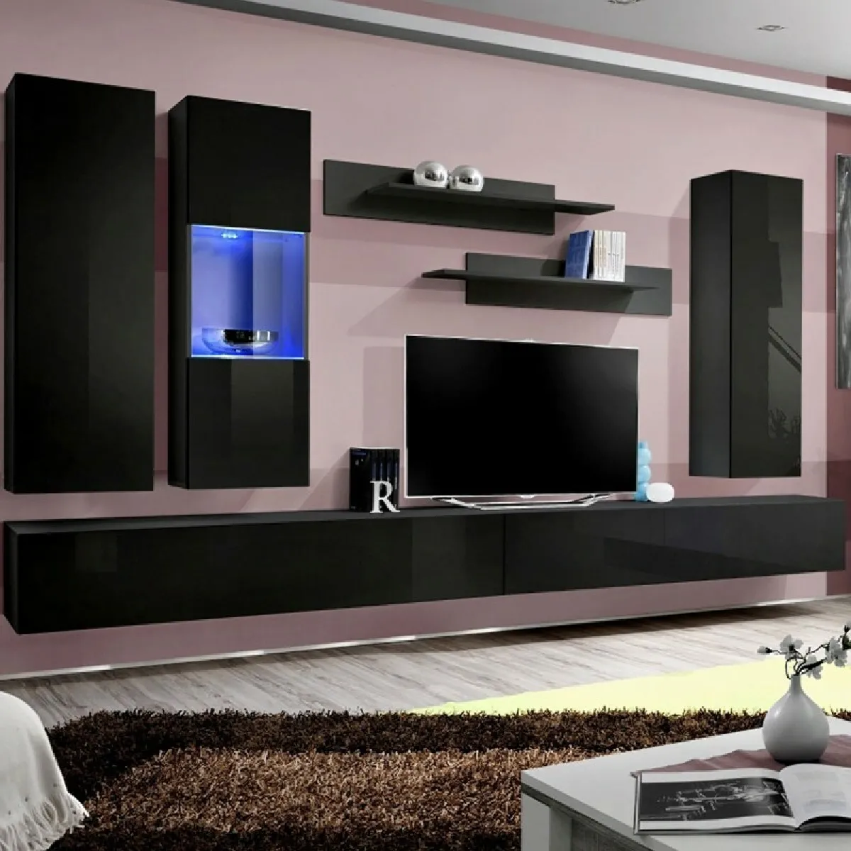 Paris Prix Meuble TV Mural Fly V 320cm Noir Paris Prix Meuble TV Mural Fly V 320cm Noir