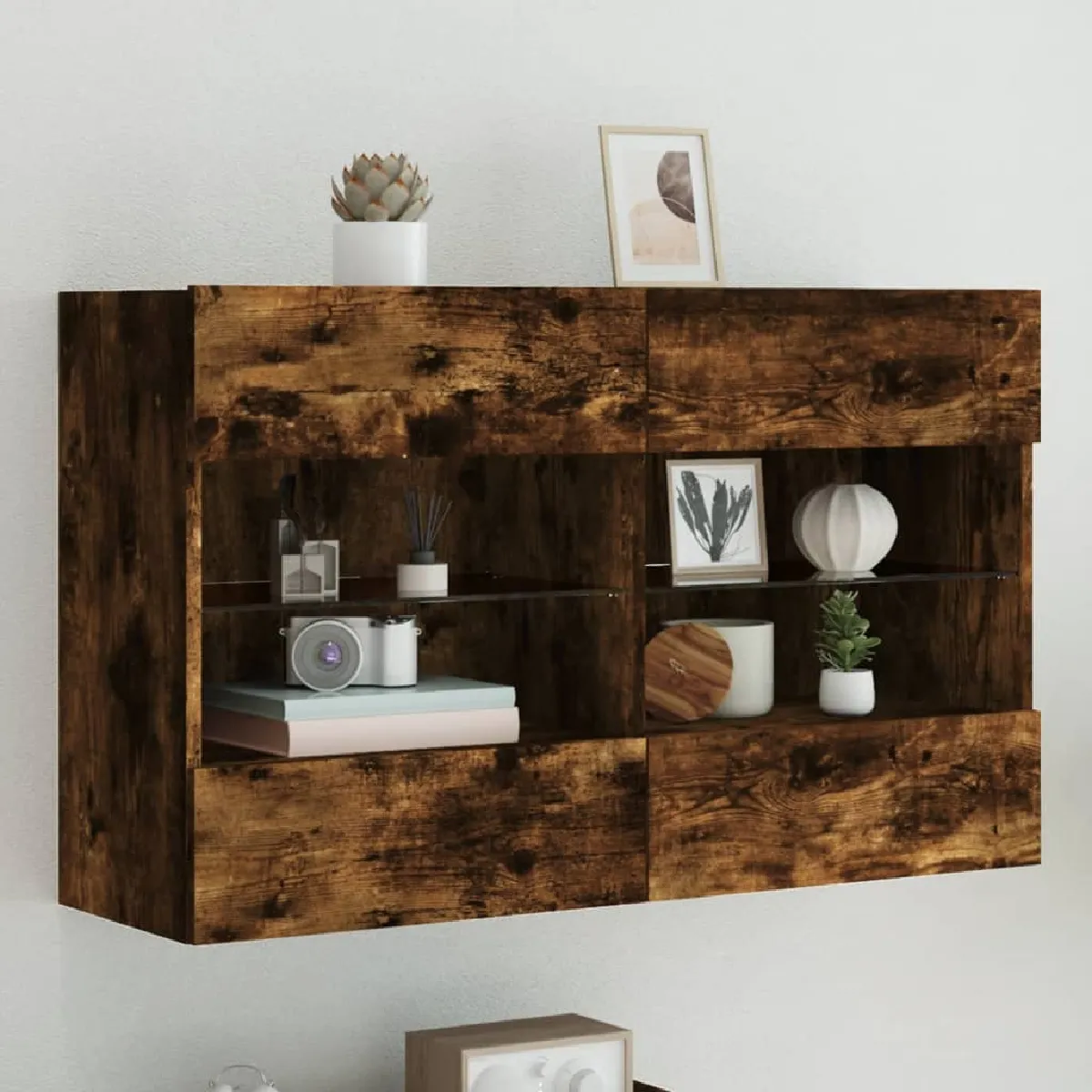 Non Communiqué Marron Vidaxl Meuble Tv Avec Lumières Led, Armoire De Télévision Murale Avec Étagères, Meuble Télé Suspendu Salon, Moderne, Chêne 837110 - Image 2