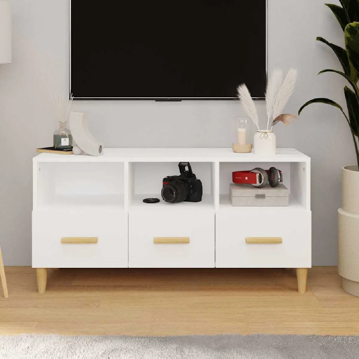 Non Communiqué Blanc Brillant Meuble Tv 102X36x50 Cm Bois D Ingénierie - Image 3