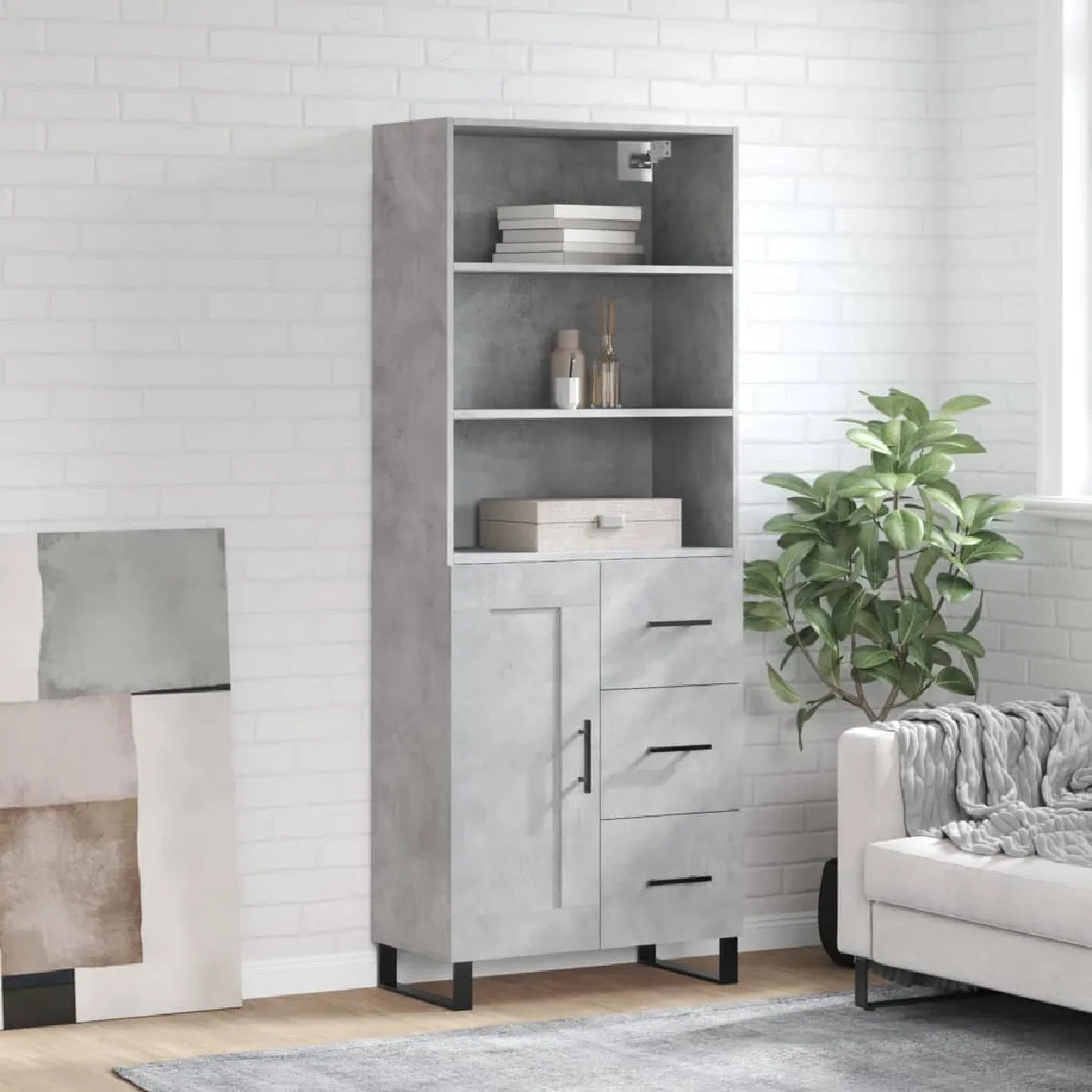 Non Communiqué Gris Vidaxl Buffet Haut, Armoire De Rangement Avec Pieds, Meuble De Rangement, Organisateur Salon Salle De Séjour, Industriel, Béton Bois D'ingénierie - Image 3