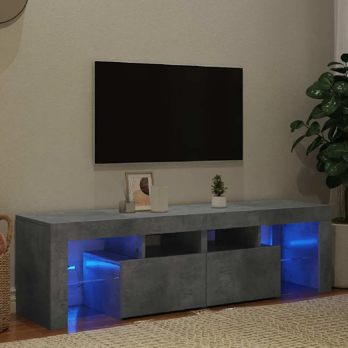 Non Communiqué Gris Béton Meuble Tv Avec Lumières Led 140X36,5X40 Cm - Image 3