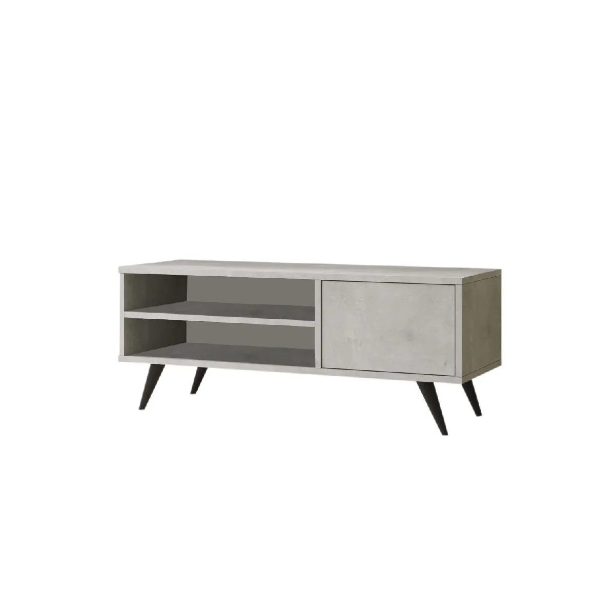Meuble TV avec 2 niches de rangement ouvertes et une porte abattante en panneaux de particules - Gris effet pierre