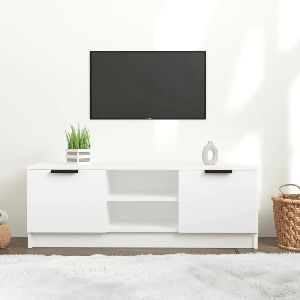 Non Communiqué Blanc Meuble Tv 102X35x36,5 Cm Bois D Ingénierie - Image 3