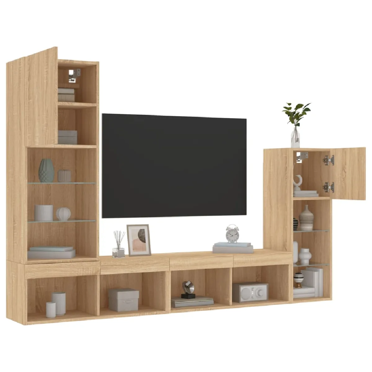 Non Communiqué Marron Vidaxl Unités Murales Tv Avec Led 4 Pcs, Armoires De Télévision Suspendues, Meubles Télé Flottants, Moderne, Chêne Sonoma Bois D'ingénierie - Image 3