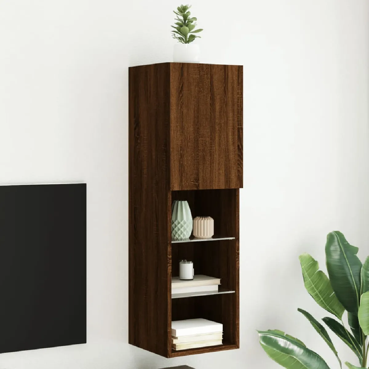 Non Communiqué Marron Vidaxl Meuble Tv Avec Lumières Led, Armoire De Télévision Murale Avec Rangement, Meuble Télé Suspendu Salon Salle De Séjour, 837027 - Image 2