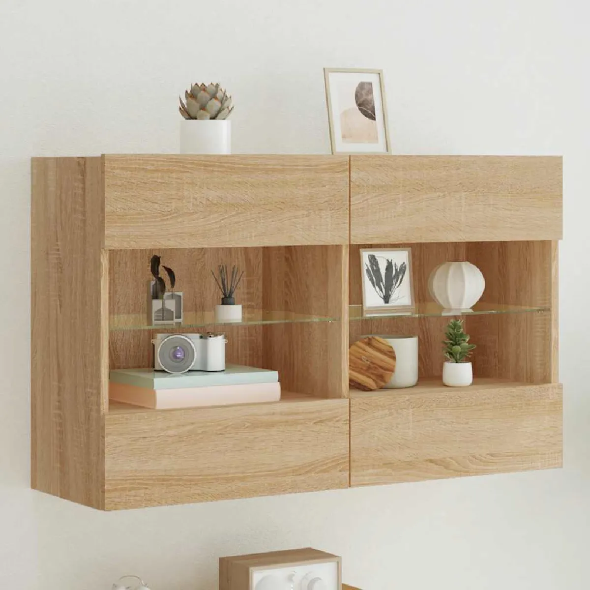Non Communiqué Marron Vidaxl Meuble Tv Avec Lumières Led, Armoire De Télévision Murale Avec Étagères, Meuble Télé Suspendu Salon, Moderne, Chêne 837108 - Image 2