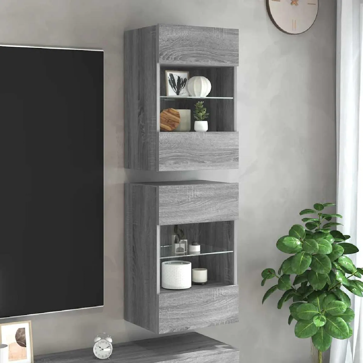 VIDAXL - Meuble TV Mural - Ensemble 2 Pièces - Étagère Intégrée - Éclairage LED - Suspendu - Image 2