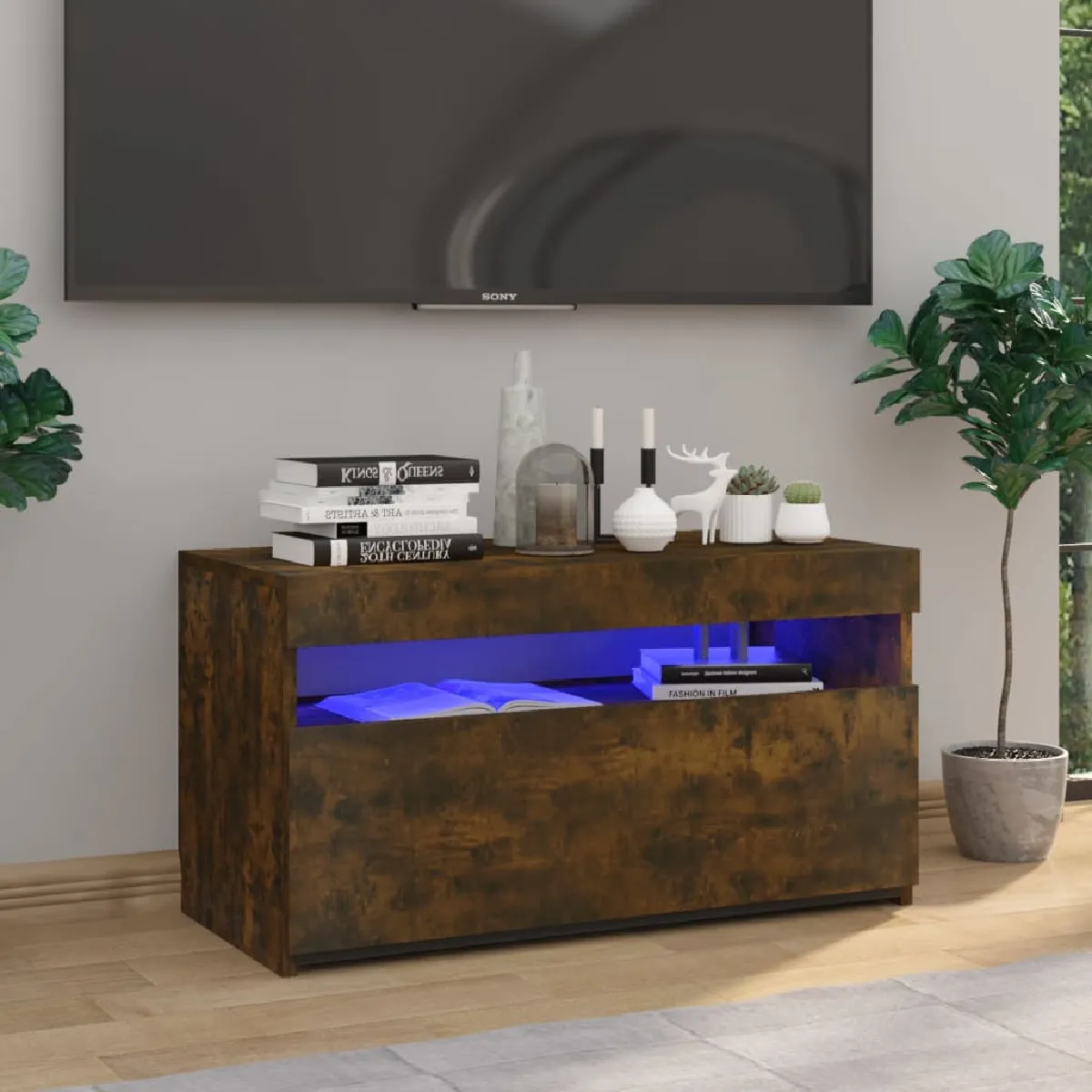 vidaXL Meuble TV avec LED Chêne fumé